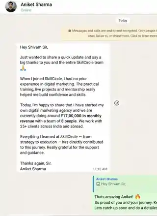 WhatsApp message from SkillCircle student Aniket Sharma to founder Shivam Ahuja about starting his own digital marketing agency